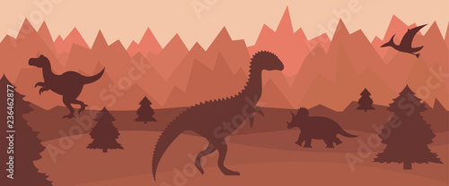 Flat mountain landscape with silhouettes of dinosaurs.