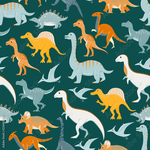 Seamless pattern with flat vector cartoon dinosaurs.