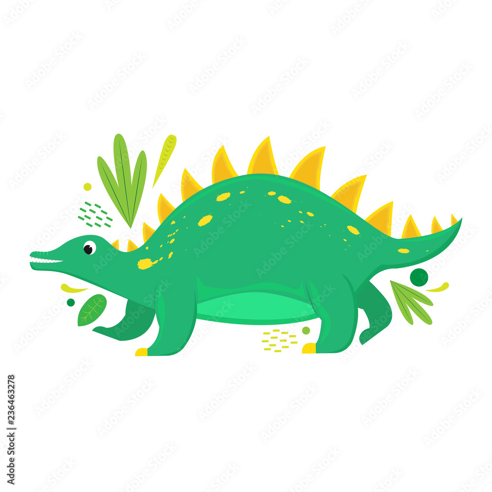 Flat vector isolated cartoon dinosaur with abstract leaves. Flat vector isolated cartoon dinosaur with abstract leaves.