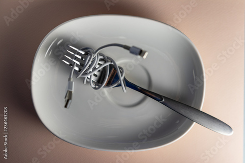 on a beige background white plate. charging cord, dressed in a dining fork. spaghetti