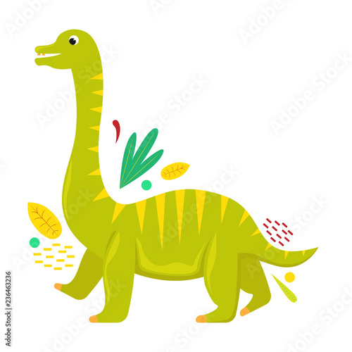 Flat vector isolated cartoon dinosaur with abstract leaves.