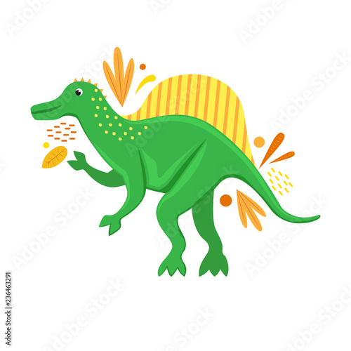 Flat vector isolated cartoon dinosaur with abstract leaves.