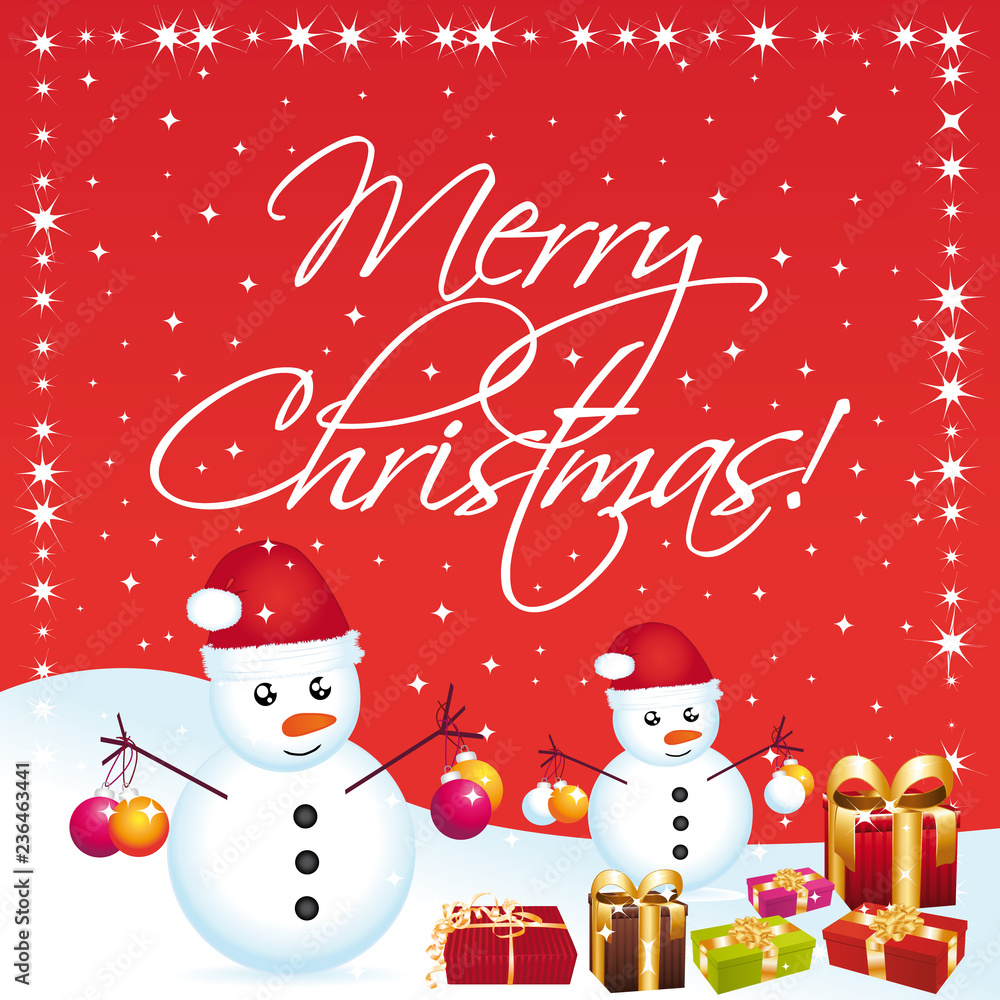 Merry christmas greeting card with snowmen and gifts. Vector illustration.
