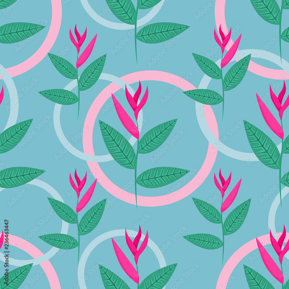 Seamless tropical pattern with flowers and geometric shapes. Seamless tropical pattern with flowers and geometric shapes.