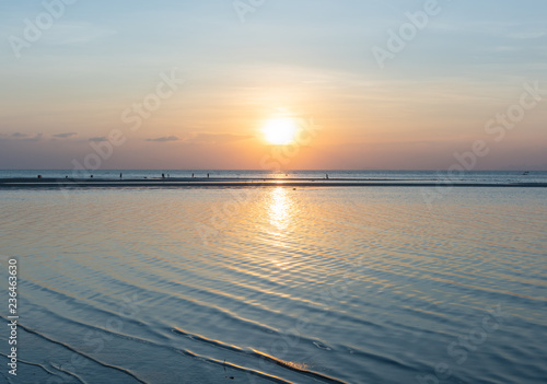 Panoramic dramatic blue sea sky sunset with golden light background
