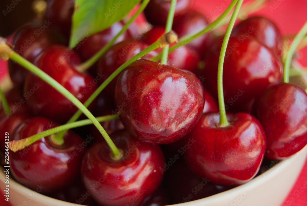 Foreground of bowl full of ripe and red cherries with petioles Foreground of bowl full of ripe and red cherries with petioles