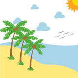Landscape beautiful beach with Illustration three Palm Trees Stock vector design