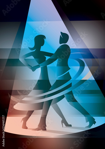 Ballroom, Dancing couple in colorful spot light.
Stylized Illustration of dancing couple in stage light. Vector available.