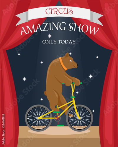 Circus bear on a bicycle. Flat vector poster.