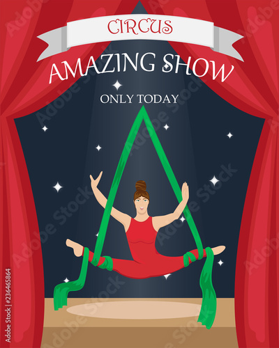 Circus aerial gymnast on the canvases. Flat vector poster.