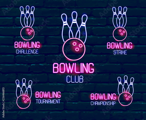 Set of neon logos in pink-blue colors with skittles, bowling ball Collection of 5 vector signs for winter bowling tournament, challenge, championship, strike, club against dark blue brick wall