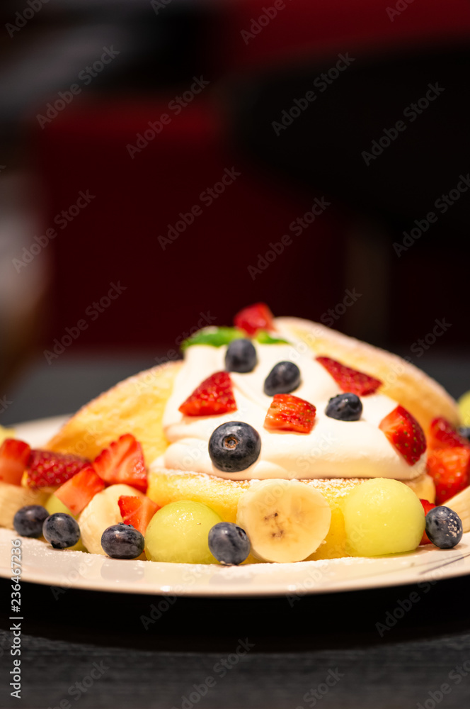Pancake with strawberry, blueberry, banana, berry sauce and mascarpone cheese cream. Pancake with strawberry, blueberry, banana, berry sauce and mascarpone cheese cream.