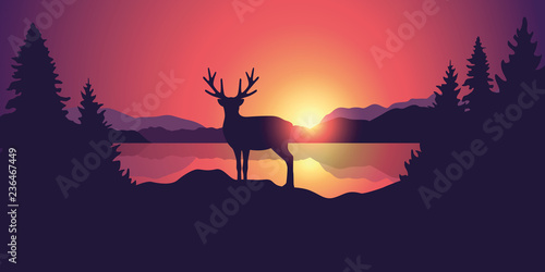 beautiful wildlife landscape with reindeer lake mountains and forest at sunset vector illustration EPS10