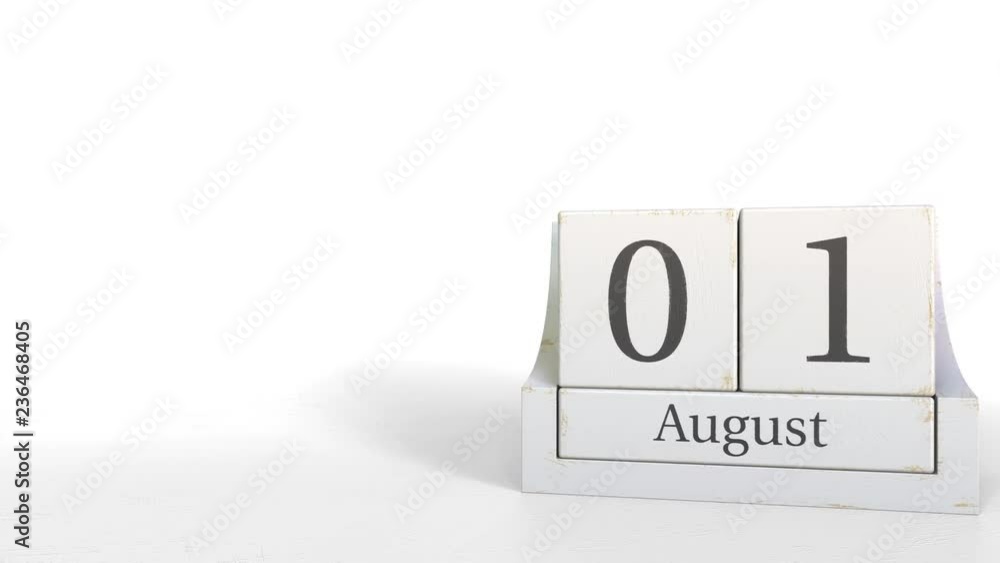 August 1 date on wooden blocks calendar. 3D animation August 1 date on wooden blocks calendar. 3D animation