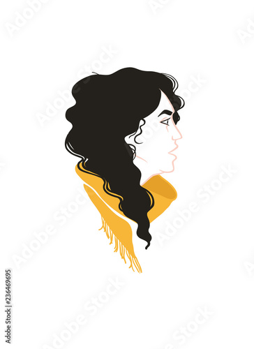 Girl profile portrait. Black curly hair, yellow scarf 