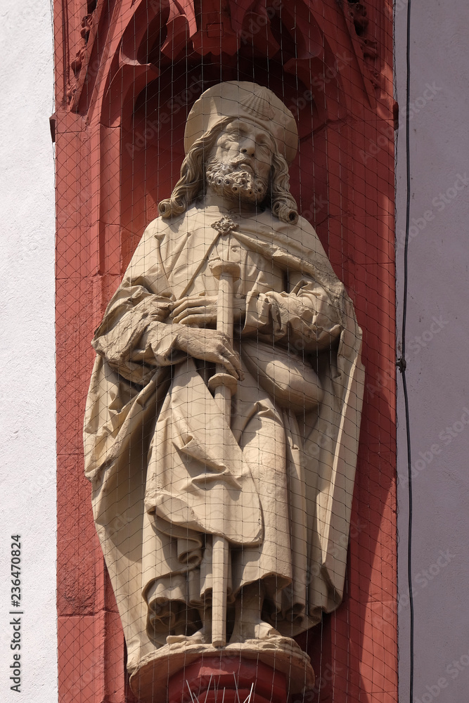 Saint James the Apostle statue on the portal of the Marienkapelle in Wurzburg, Bavaria, Germany