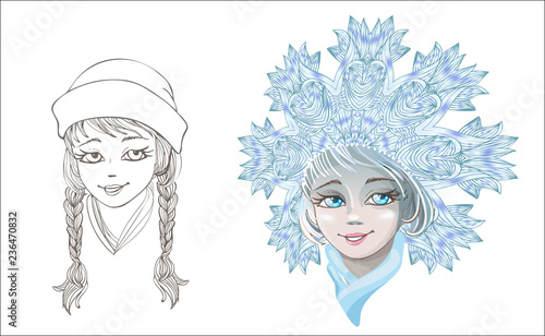 Beautiful young girl snow maiden isolated on white background. Character of Russian folklore. Sketch of Christmas invitation. Vector cartoon close-up illustration.