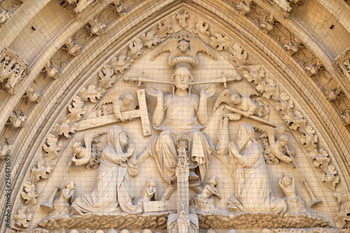 The tympanum shows the Last Judgment, portal of the Marienkapelle in Wurzburg, Bavaria, Germany