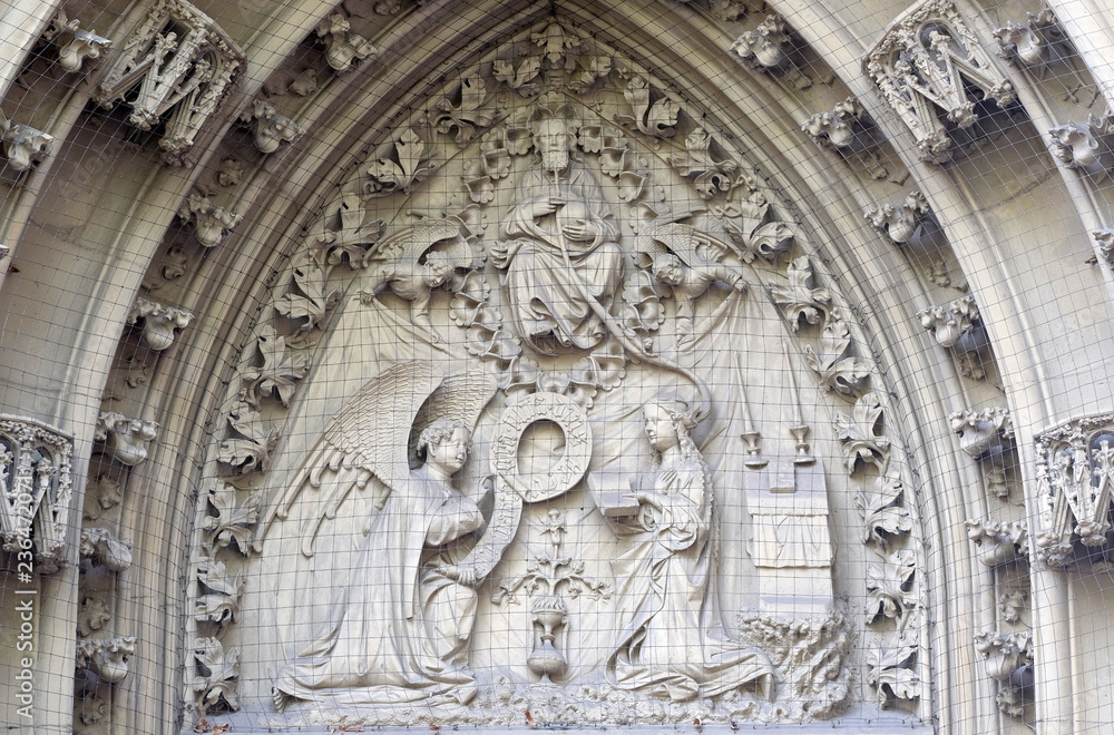 The tympanum shows the Annunciation to Mary, portal of the Marienkapelle in Wurzburg, Bavaria, Germany