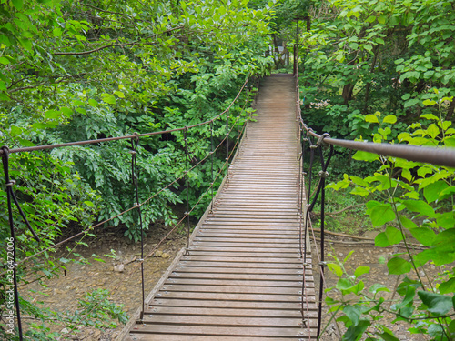 suspension bridge over a mountain stream with railings made of steel cables