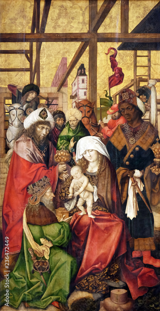 Nativity Scene, Adoration of the Magi, main altar in Marienkapelle in Wurzburg, Bavaria, Germany