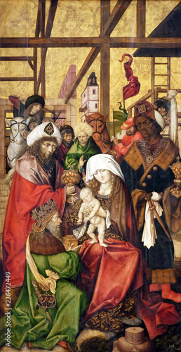 Nativity Scene, Adoration of the Magi, main altar in Marienkapelle in Wurzburg, Bavaria, Germany