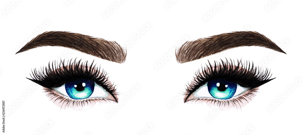 Woman eyes with long eyelashes. Hand drawn watercolor illustration. Eyelashes and eyebrows. Design for eyelash extensions, microblading, mascara, beauty salon, cosmetics, makeup artist. Blue eyes.
