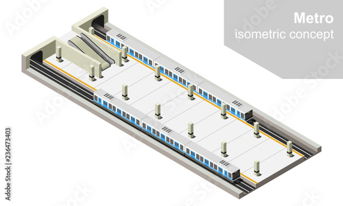 Isometric metro station interior vector illustration. Subway or undeground transport.