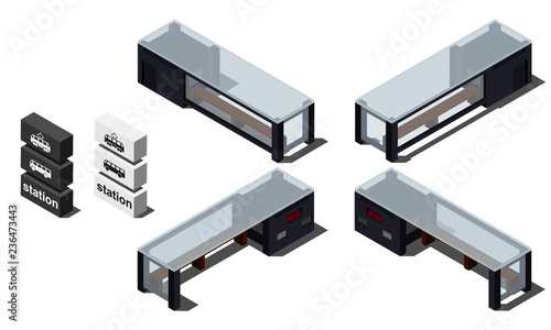 Isometric bus stop with traffic signage vector illustration.