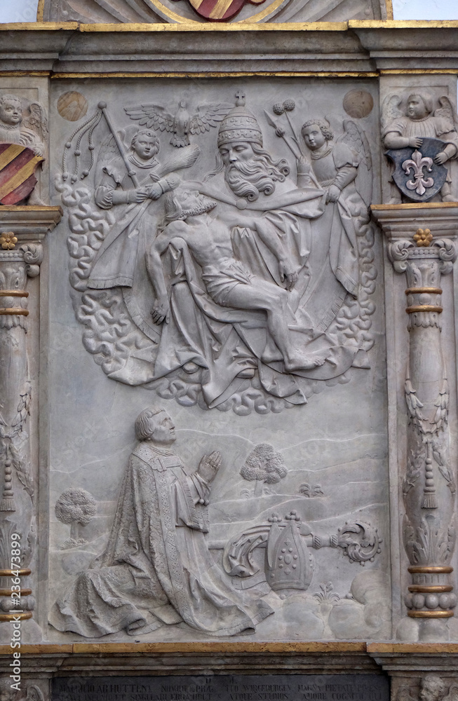 Epitaph to Cathedral provost Moritz von Hutten who died as the Bishop of Eichstatt and was buried there in Wurzburg Cathedral dedicated to Saint Kilian, Bavaria, Germany