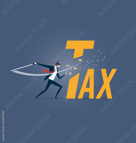 Tax cutting. Businessman cut tax word with sword