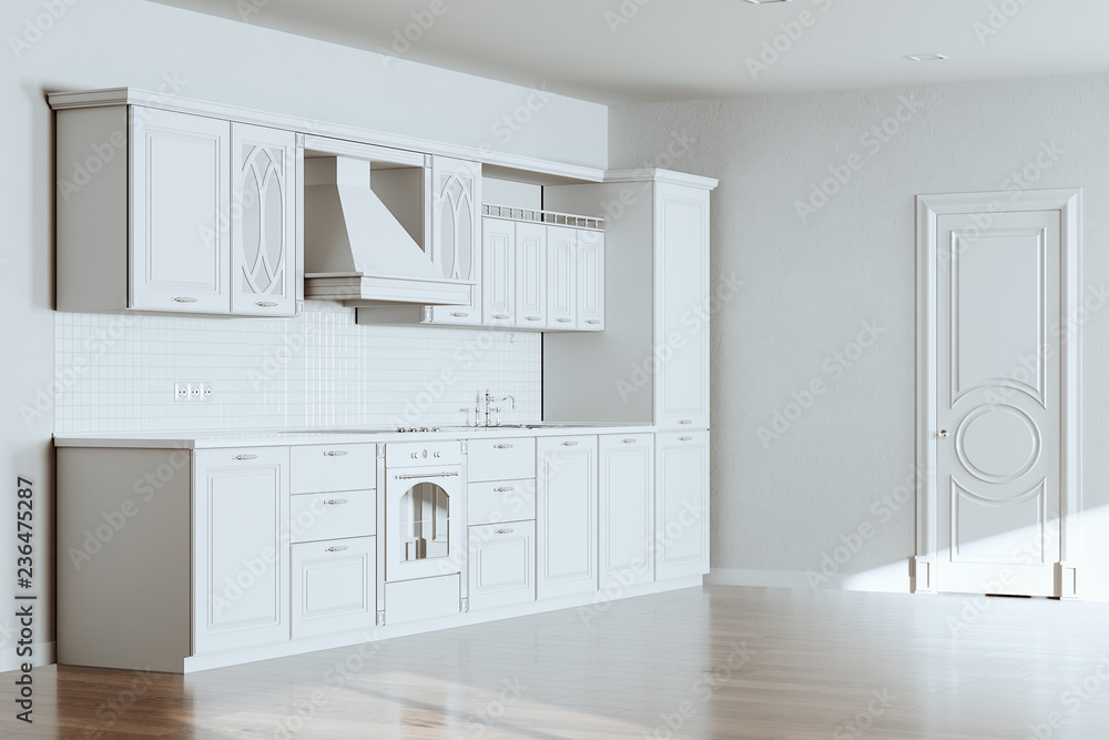 Beautiful Classic Kitchen in new Luxury Home with Hardwood Floors, White Walls and Vintage Appliances 3d render Beautiful Classic Kitchen in new Luxury Home with Hardwood Floors, White Walls and Vintage Appliances 3d render