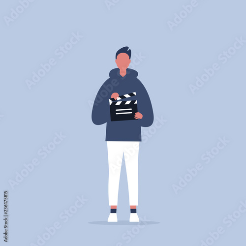 Camera crew. young assistant holding a clapperboard / editable flat vector cartoon illustration, clip art