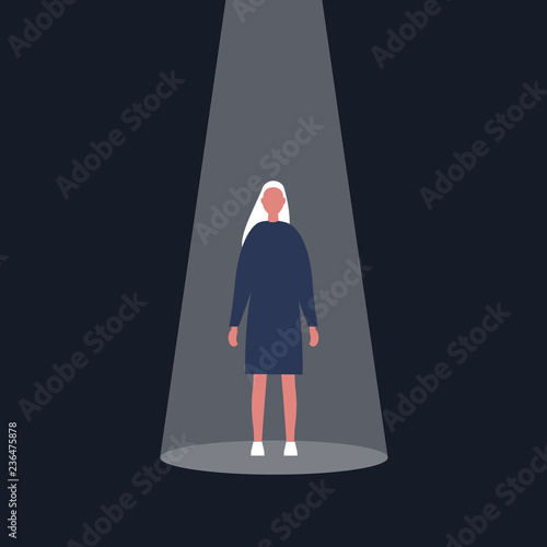 Young female character standing in the spotlight. Glory. Fame. Being on stage / flat editable vector illustration