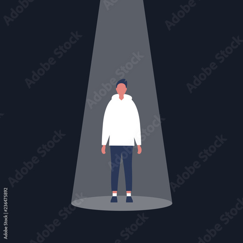 Young male character standing in the spotlight. Glory. Fame. Being on stage / flat editable vector illustration