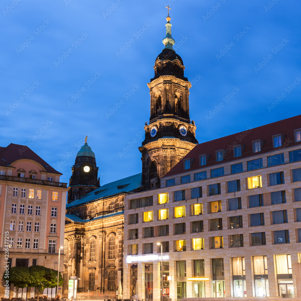 Holy Cross Church in Dresden at night
