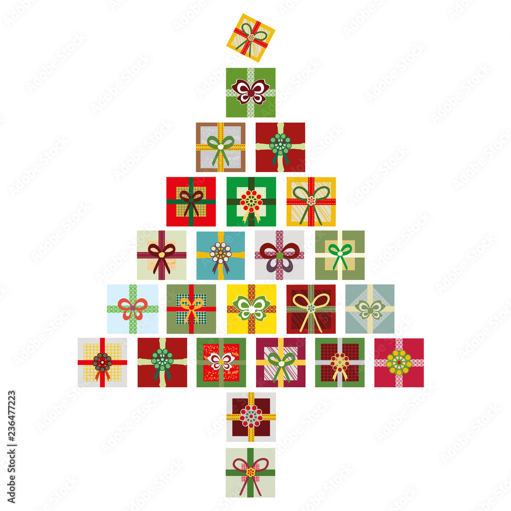 Vector isolated illustration of colorful Christmas tree made from stacks of presents. Great for Christmas projects, marketing, advertising, stationery.
