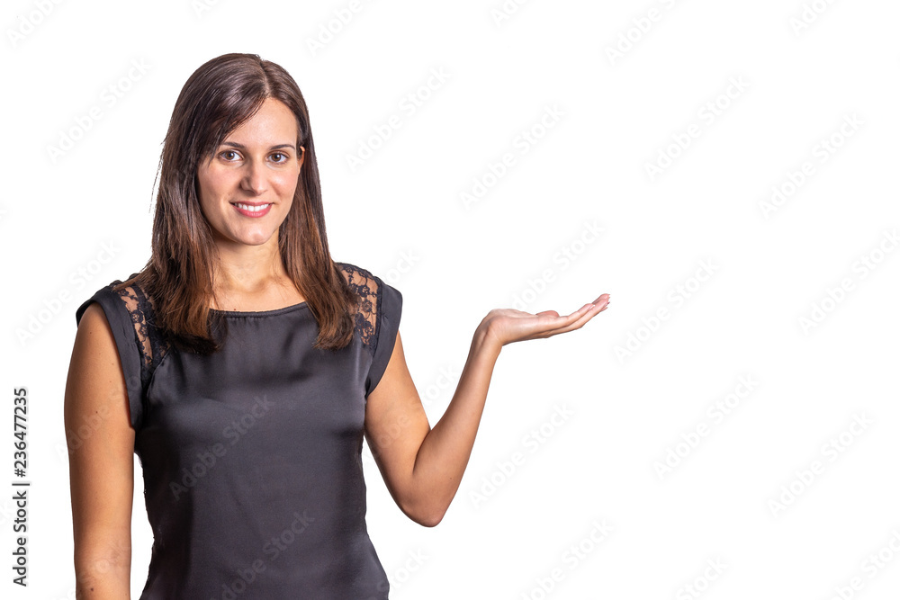 young woman pointing with hands isolated on a white background young woman pointing with hands isolated on a white background