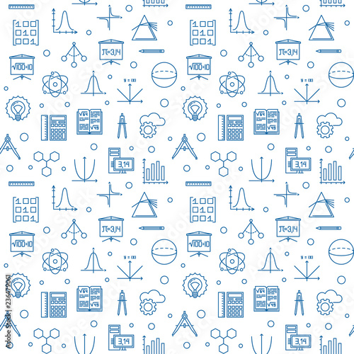 Science, technology, engineering and math vector seamless pattern made with STEM blue linear icons on white background