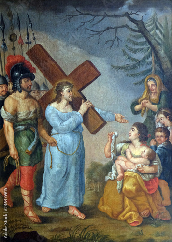 8th Stations of the Cross,Jesus meets the daughters of Jerusalem, Maria im Grunen Tal pilgrimage church in Retzbach in the Bavarian district of Main-Spessart, Germany