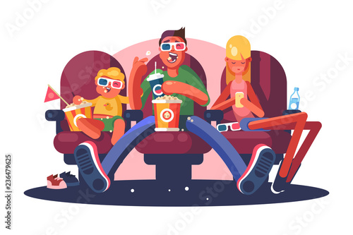 Family in cinema watching movie flat poster