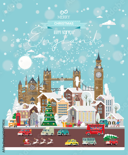 Christmas wishes from England. Modern vector greeting card in flat style with snowflakes, winter city, decorations, cars and happy people.