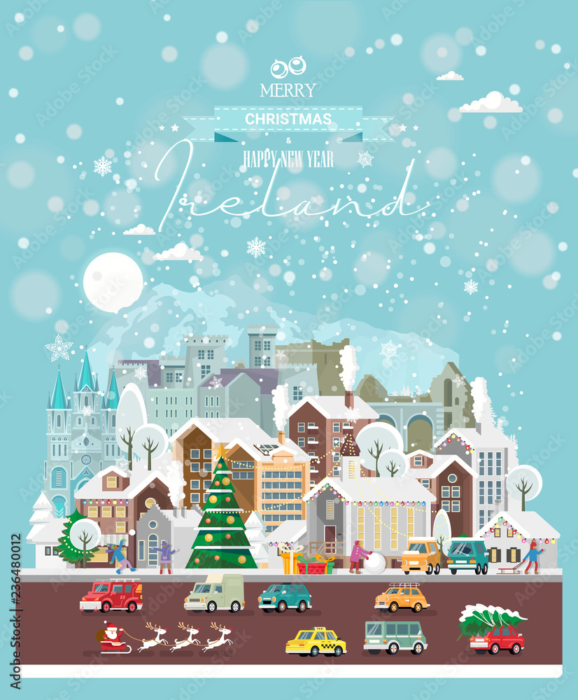 Christmas wishes from Ireland. Modern vector greeting card in flat style with snowflakes, winter city, decorations, cars and happy people. Christmas wishes from Ireland. Modern vector greeting card in flat style with snowflakes, winter city, decorations, cars and happy people.