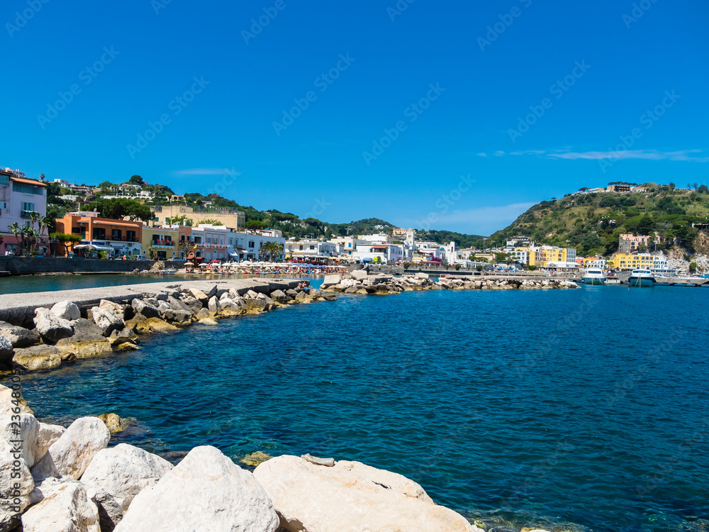 Italy, Campania, Gulf of Naples, Naples, Ischia Island, Lacco Ameno, Via Nicola, beach with colorful houses