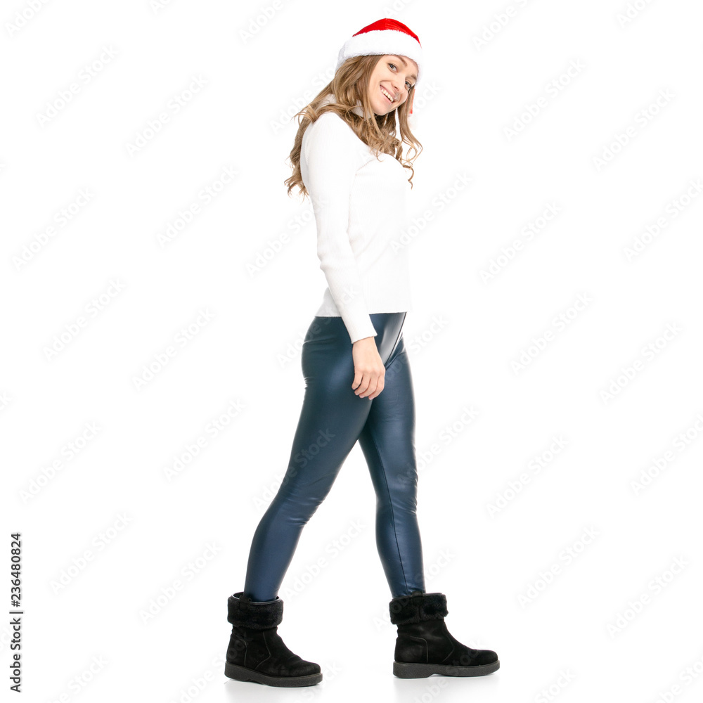 Woman with santa hat smiling happy on white background isolation Woman with santa hat smiling happy on white background isolation