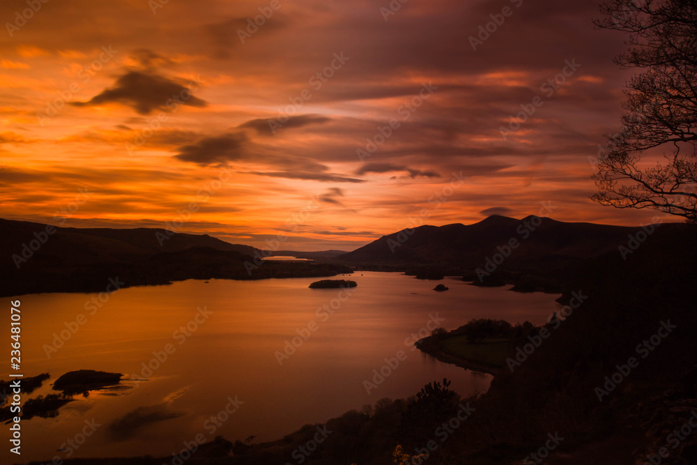 sunset over derwentwater in the lake district cumbria  uk
