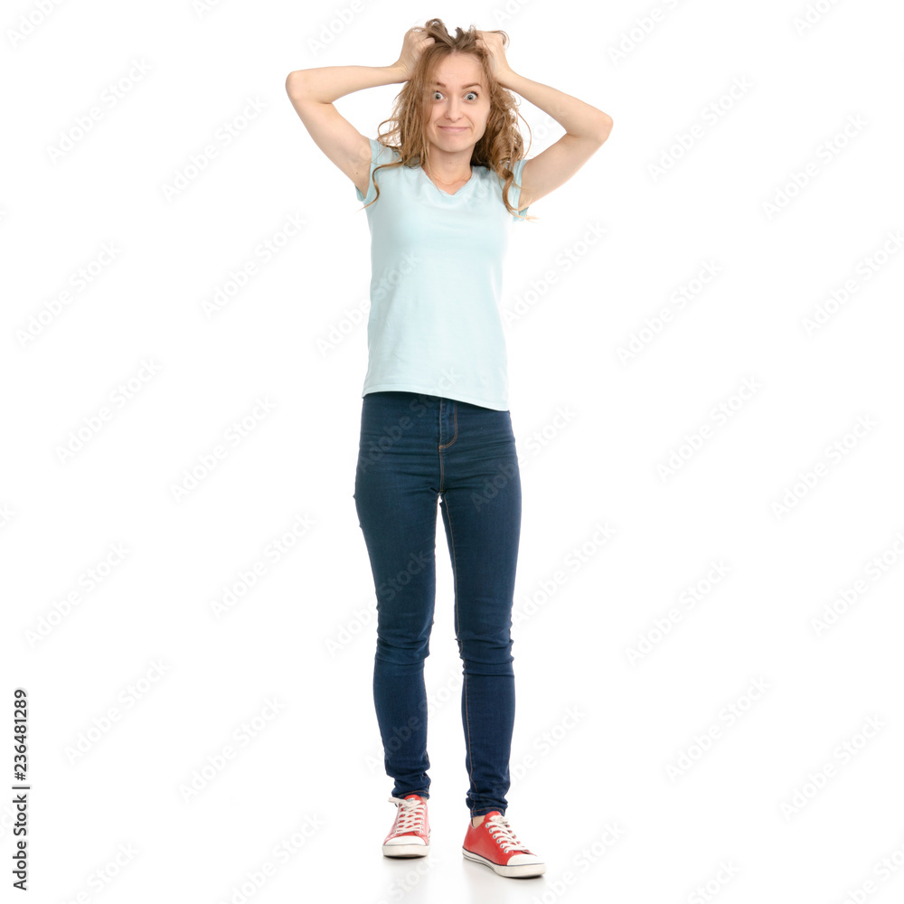 Beautiful woman in jeans in fury on a white background. Isolation Beautiful woman in jeans in fury on a white background. Isolation