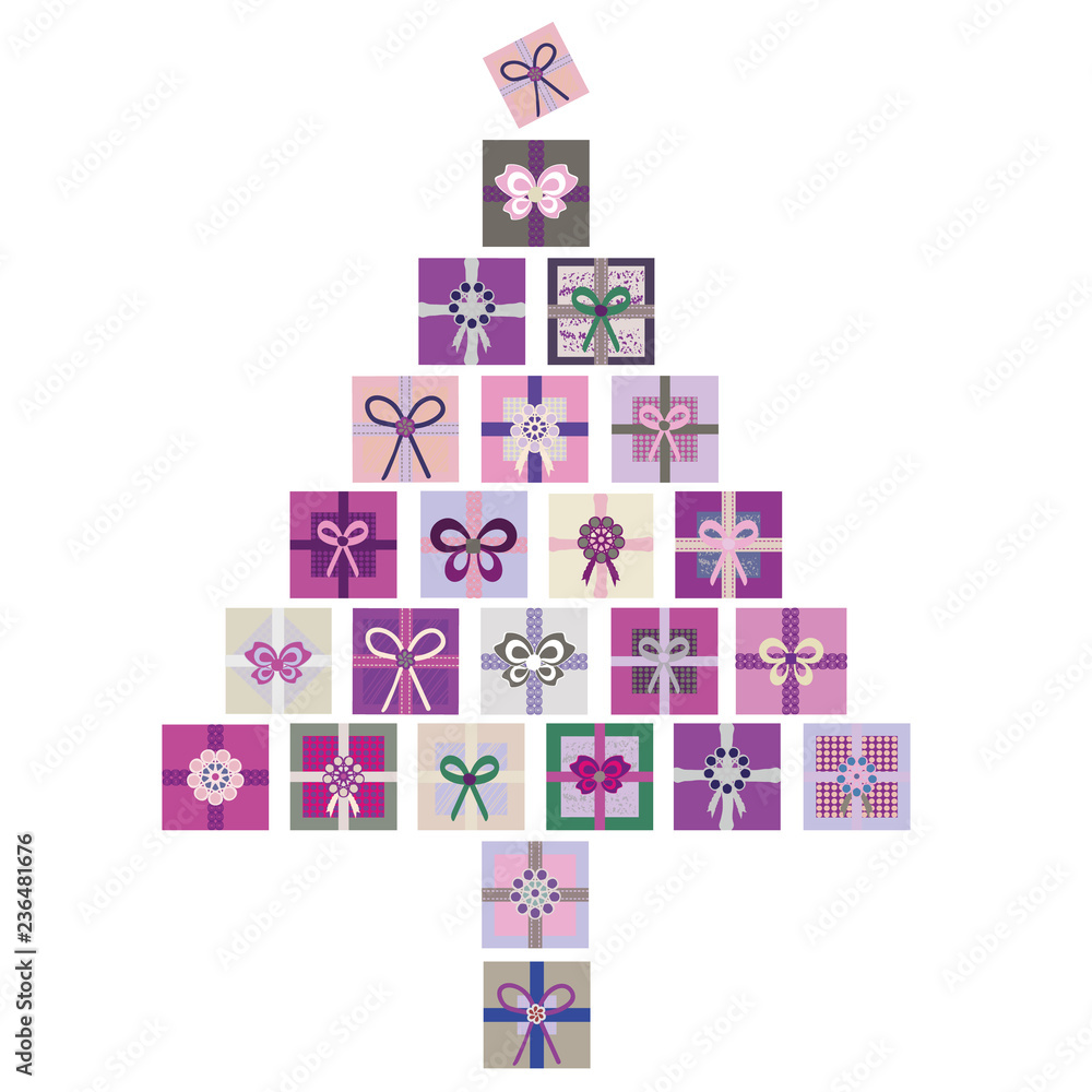Purple, pink and green vector isolated illustration of Christmas tree made from stacks of presents. Great for Christmas projects, marketing, advertising, stationery Purple, pink and green vector isolated illustration of Christmas tree made from stacks of presents. Great for Christmas projects, marketing, advertising, stationery