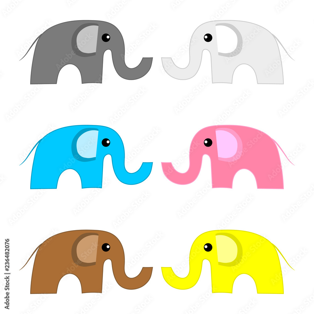 Set of Colored Elephants isolated on white background. Female and male elephants. Vector Illustration for Your Design, Game, Card.