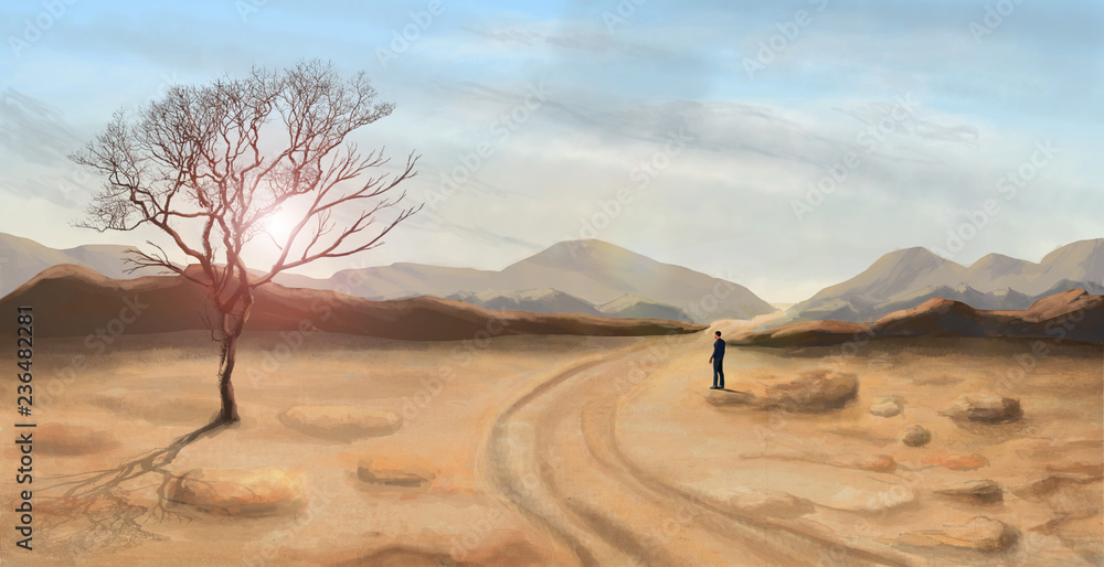 Young man standing and looking in desert landscape, digital painting